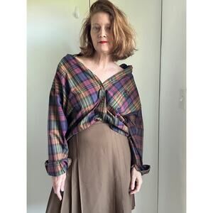 Vintage 90s Plaid Womens Button Down Shirt Size M Cotton Preppy Twee Academia